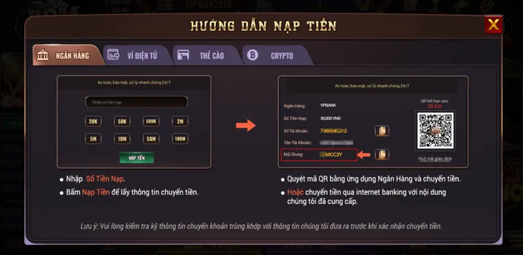Hướng dẫn nạp tiền qua ngân hàng tại Bomwin.